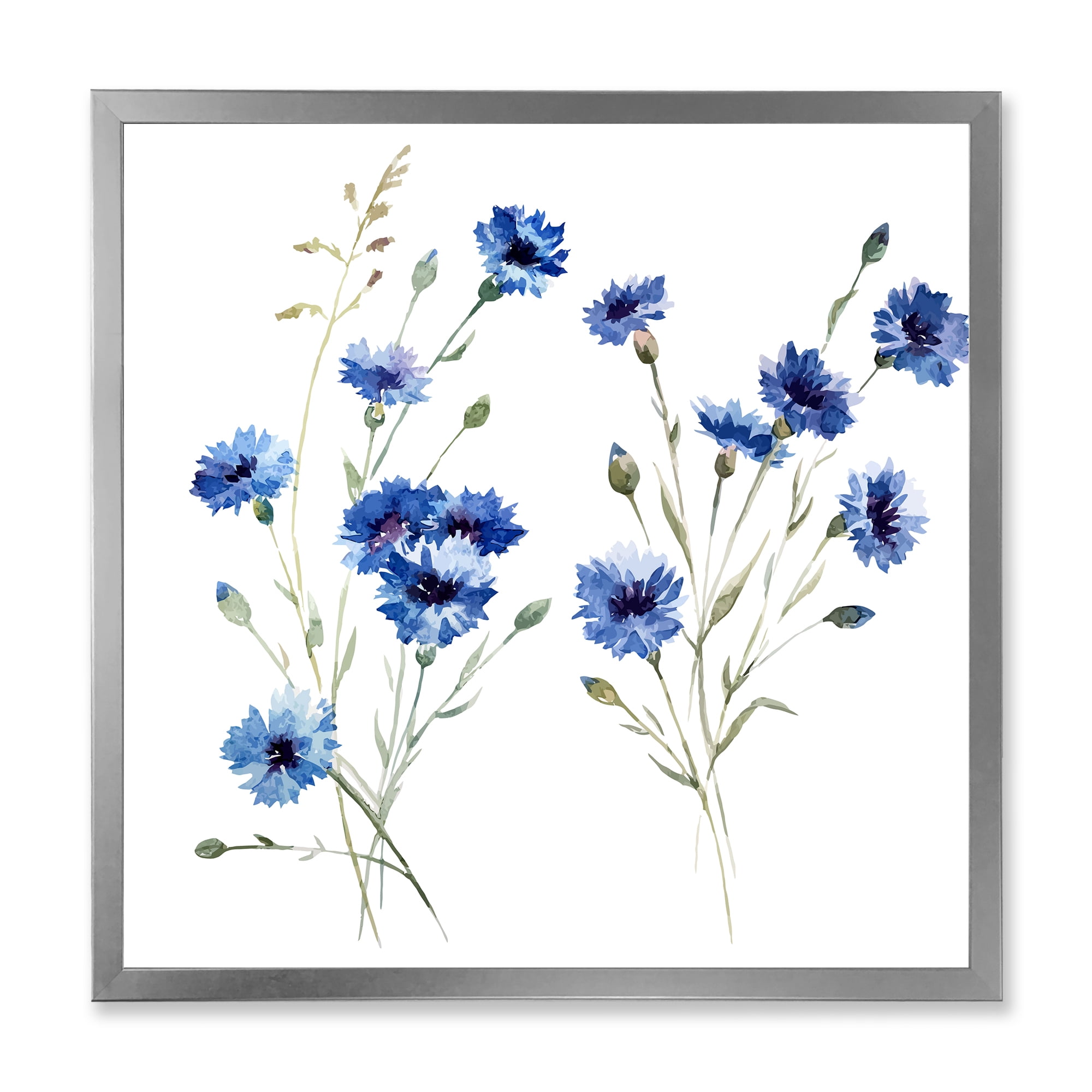Designart 'Blue Cornflowers With Green Leaves On White III' Traditional Framed Art Print