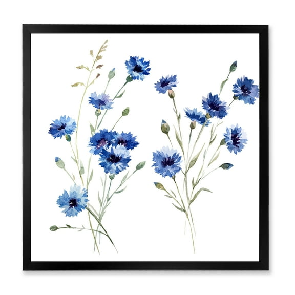 Designart 'Blue Cornflowers With Green Leaves On White III' Traditional Framed Art Print