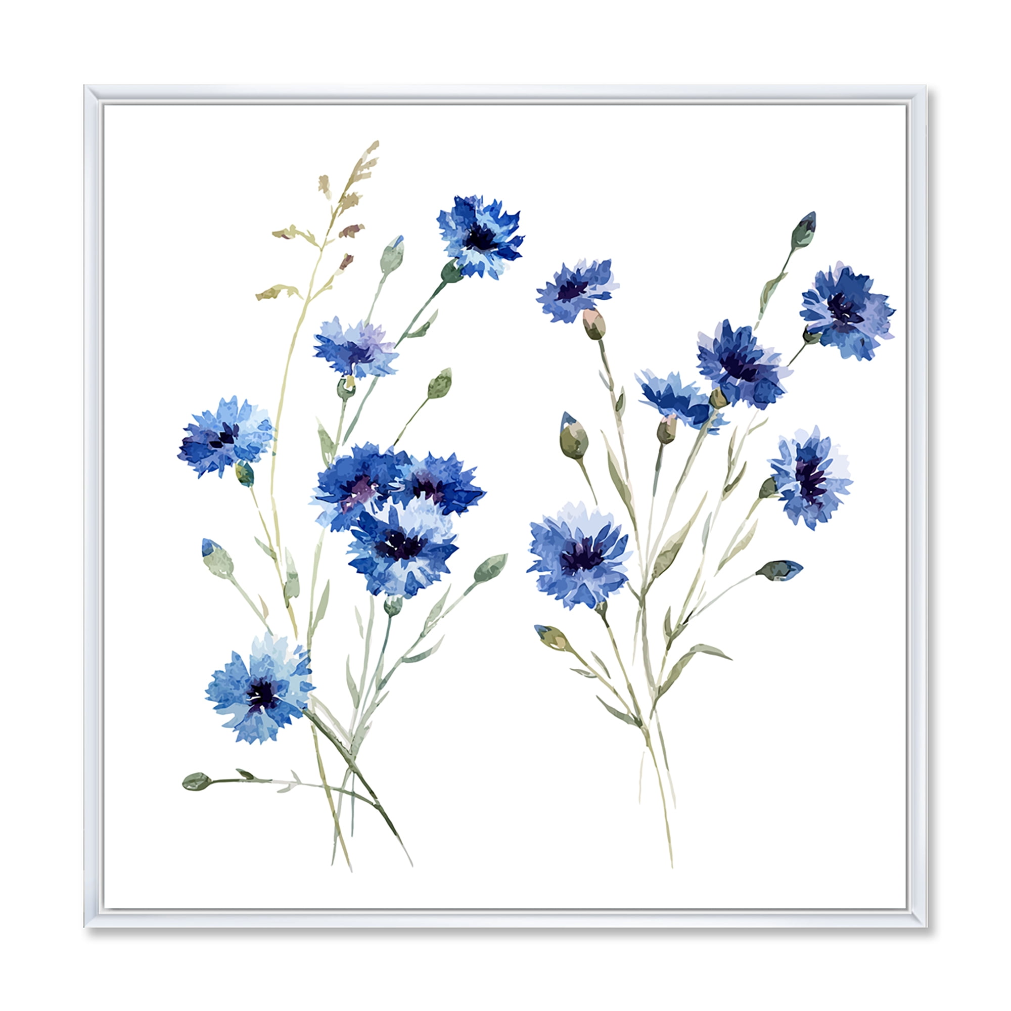 Designart 'Blue Cornflowers With Green Leaves On White III' Traditional Framed Canvas Wall Art Print