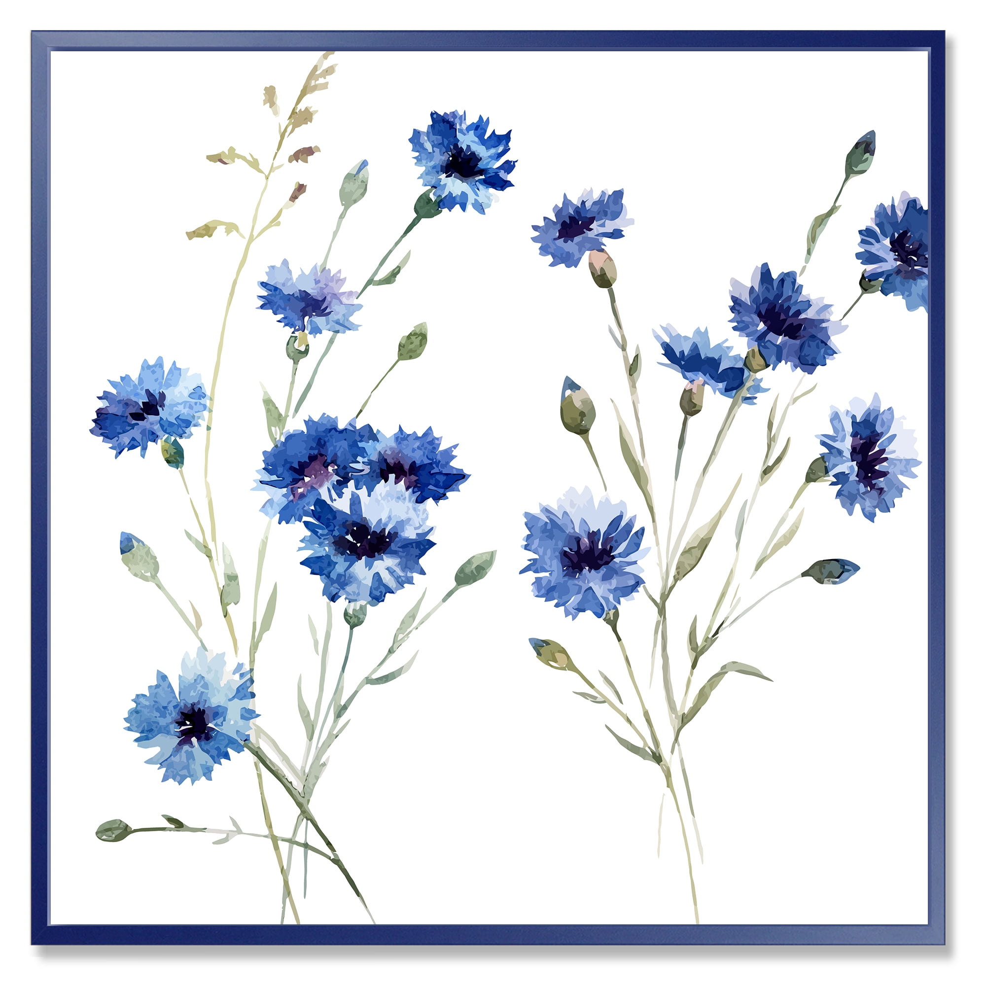 Designart 'Blue Cornflowers With Green Leaves On White III' Traditional Framed Canvas Wall Art Print