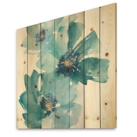 Designart 'Blue Cosmos Indigo I' Farmhouse Print on Natural Pine Wood
