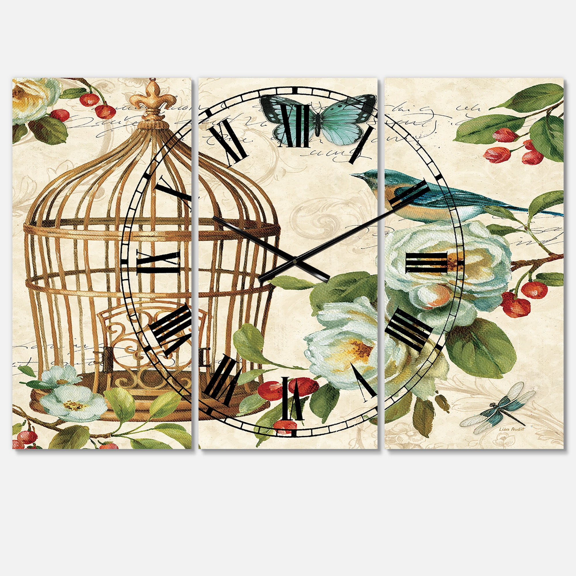 Designart 'Blue Cottage Bird, Birdcage and Apple Blossoms I' Traditional wall clock
