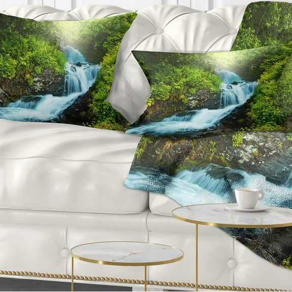 Designart Blue Creek in Green Rain Forest - Landscape Printed Throw Pillow - 12x20