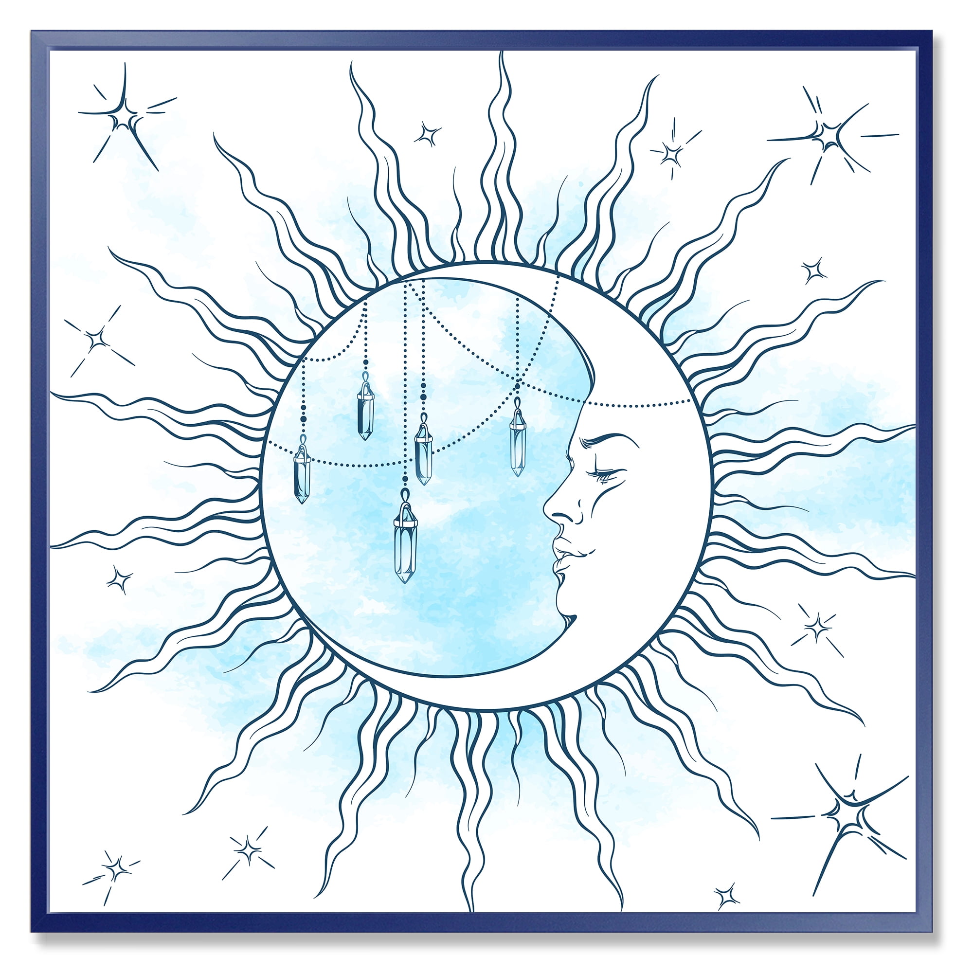 Designart 'Blue Crescent Moon With Stars and Moonstone Pendants' Bohemian & Eclectic Framed Canvas Wall Art Print