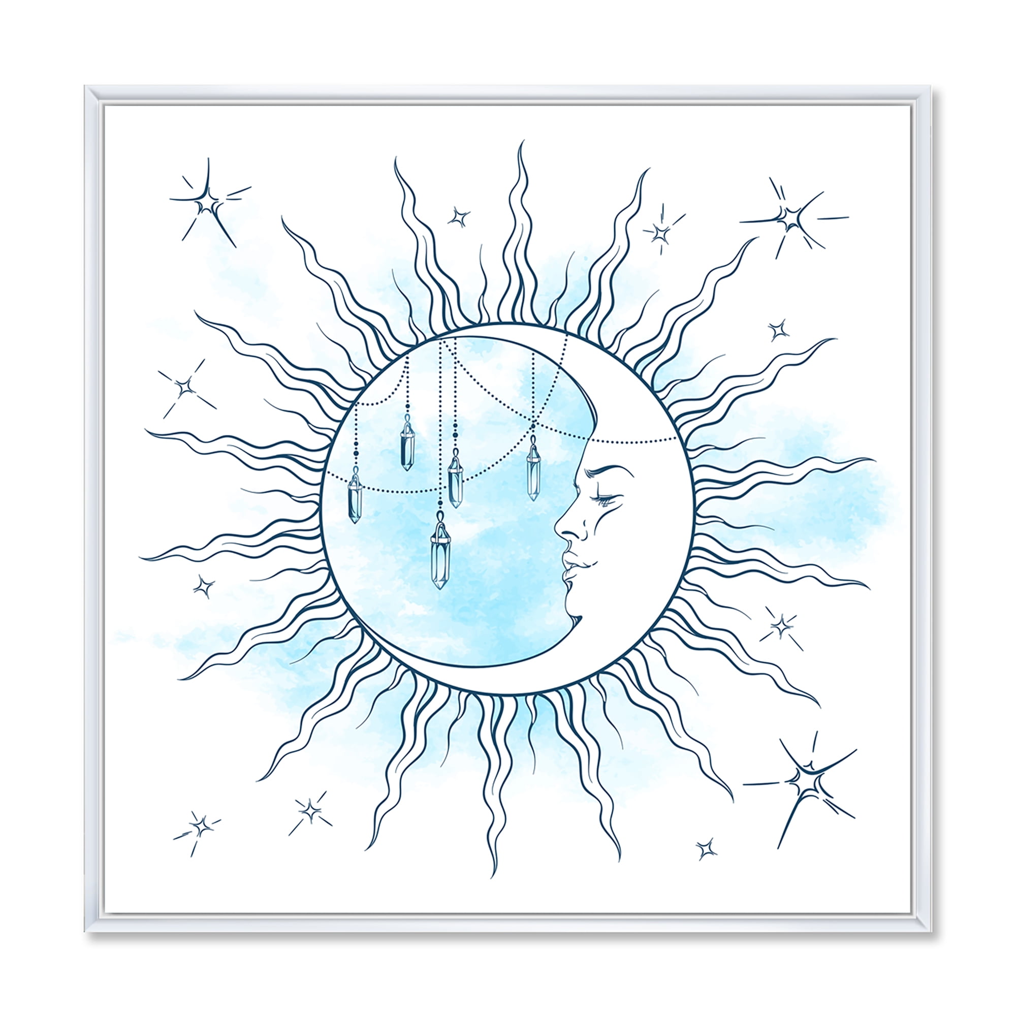 Designart 'Blue Crescent Moon With Stars and Moonstone Pendants' Bohemian & Eclectic Framed Canvas Wall Art Print
