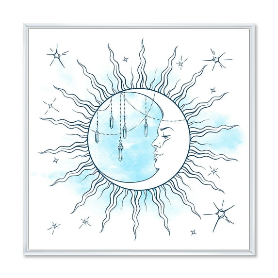 Designart 'Blue Crescent Moon With Stars and Moonstone Pendants' Bohemian & Eclectic Framed Canvas Wall Art Print