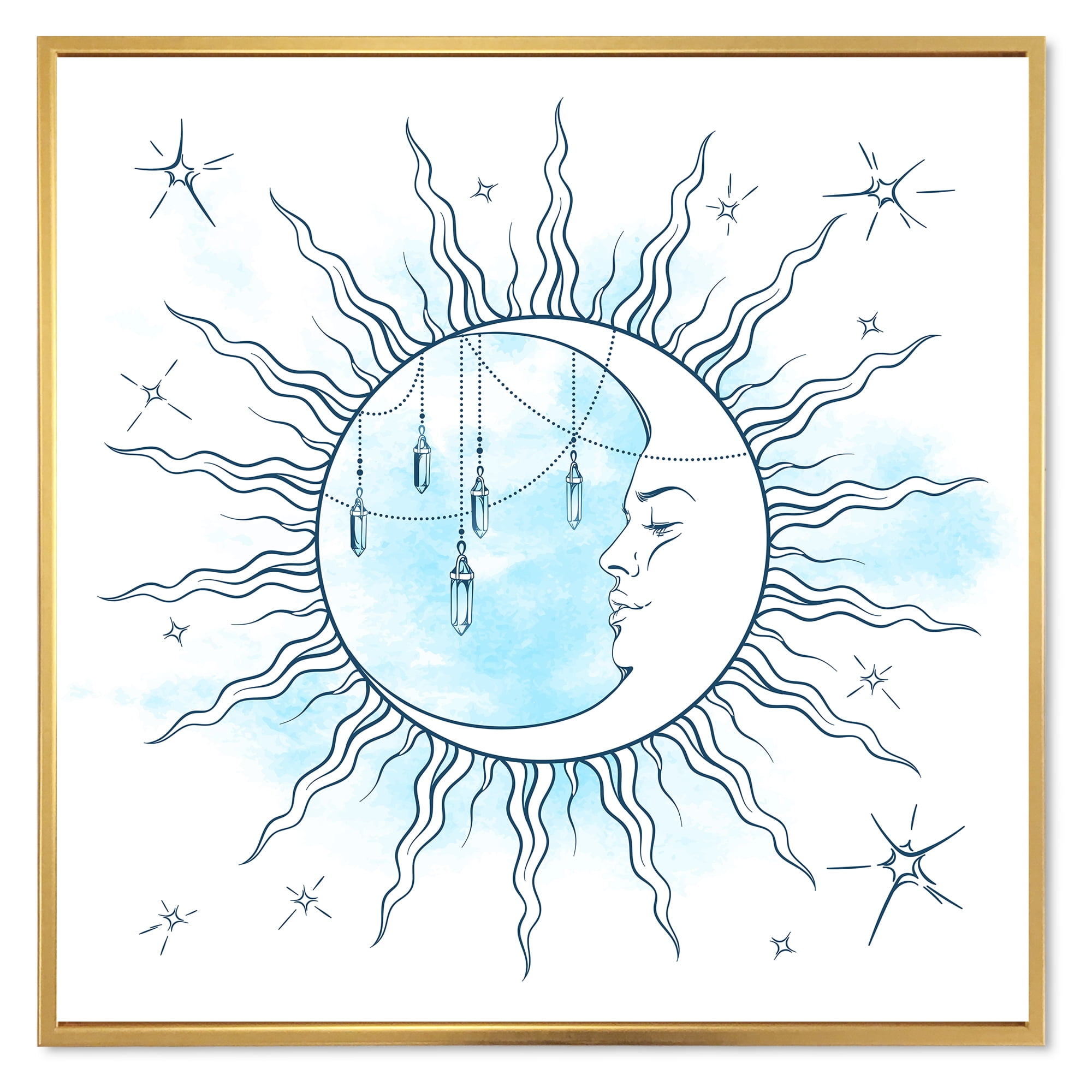 Designart 'Blue Crescent Moon With Stars and Moonstone Pendants' Bohemian & Eclectic Framed Canvas Wall Art Print