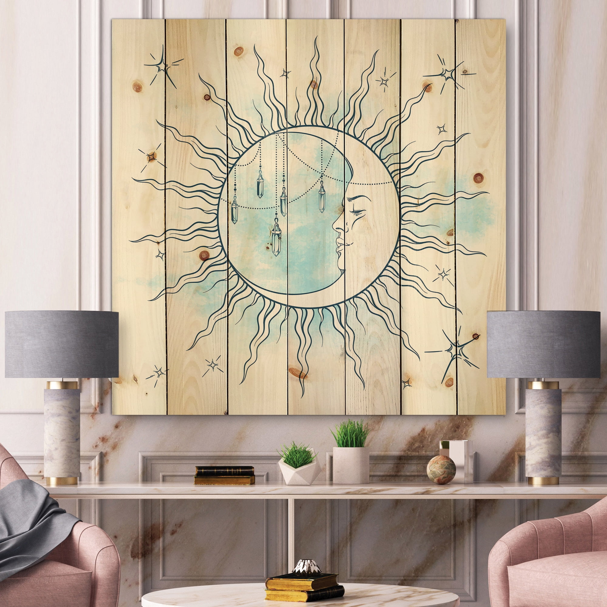 Designart 'Blue Crescent Moon With Stars and Moonstone Pendants' Bohemian & Eclectic Print on Natural Pine Wood