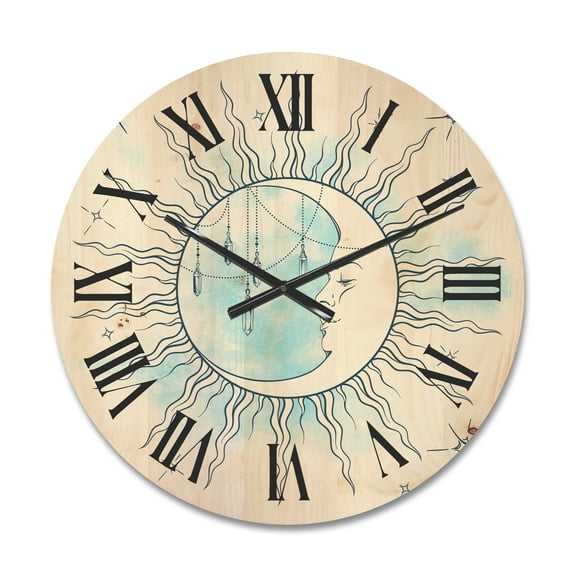 Designart 'Blue Crescent Moon With Stars and Moonstone Pendants' Bohemian & Eclectic Wood Wall Clock