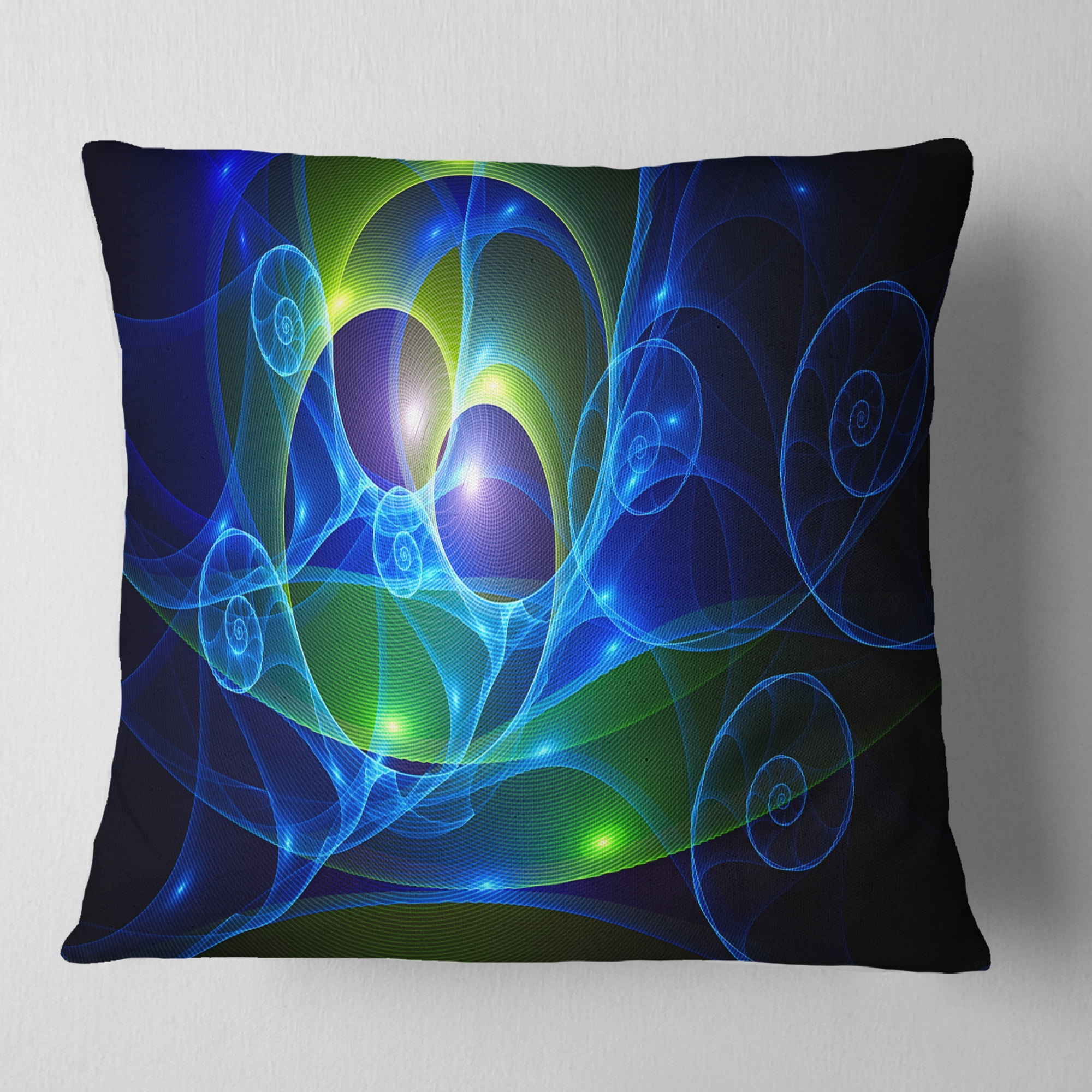 Designart Blue Curly Spiral on Black - Abstract Throw Pillow - 18x18