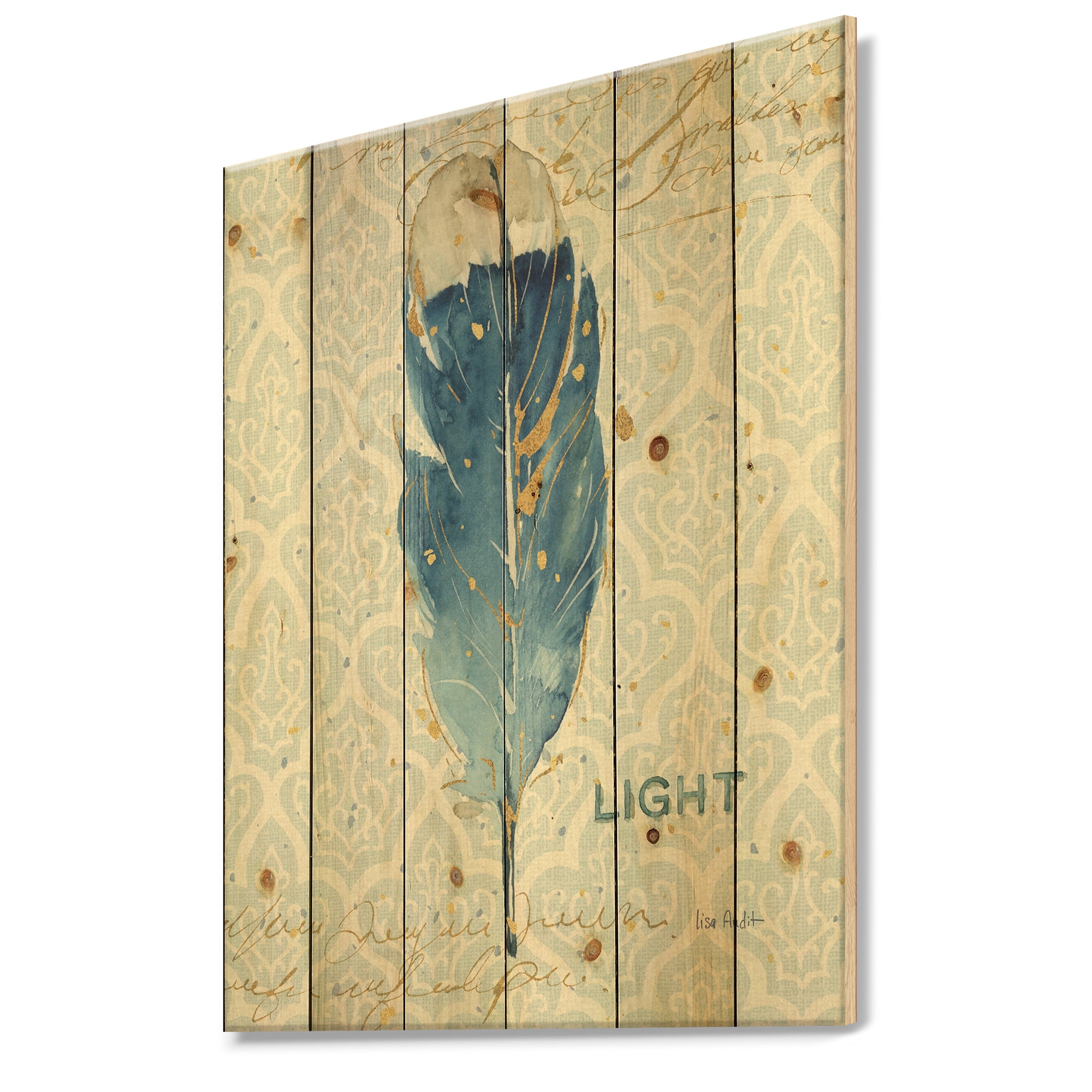Designart 'Blue Damask Art Feather' Farmhouse Print on Natural Pine Wood