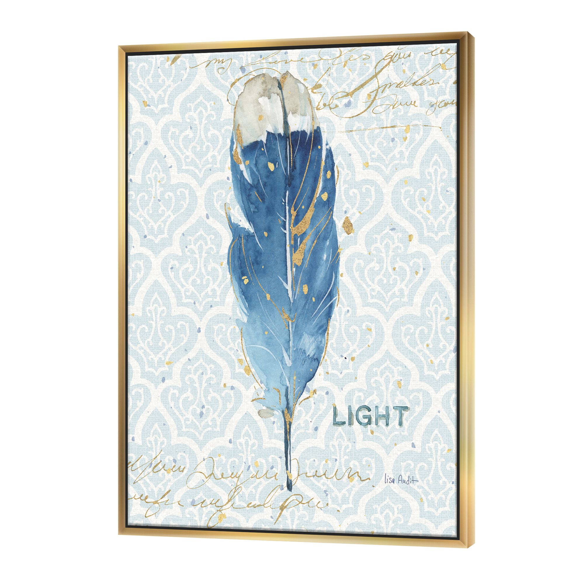 Blue Damask Feather Canvas Print with Gold Frame