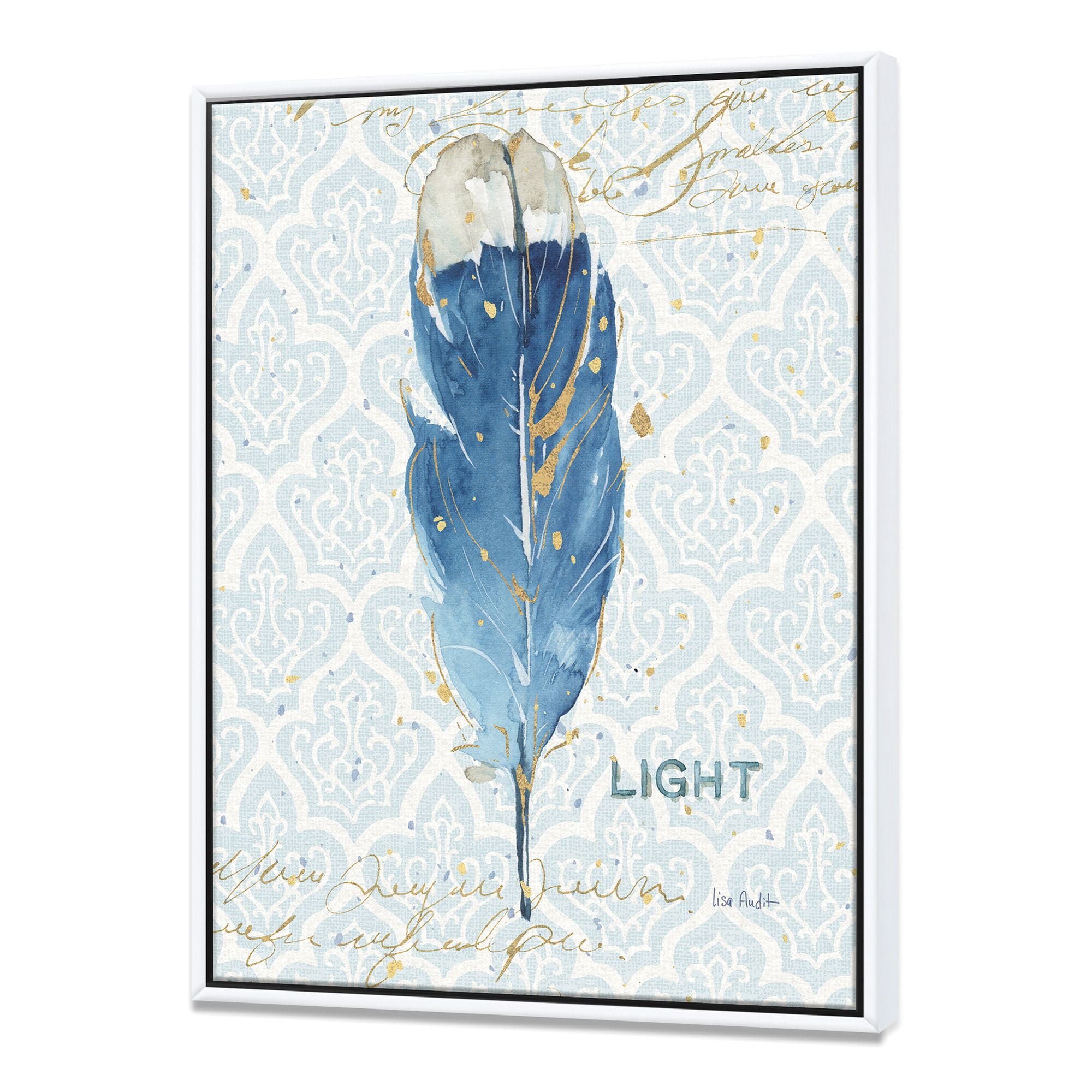 Designart ' Blue Damask Feather ' Farmhouse Framed Canvas