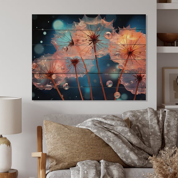 Designart "Blue Dandelion Dancing In The Morning" Floral Print on Natural Pine Wood