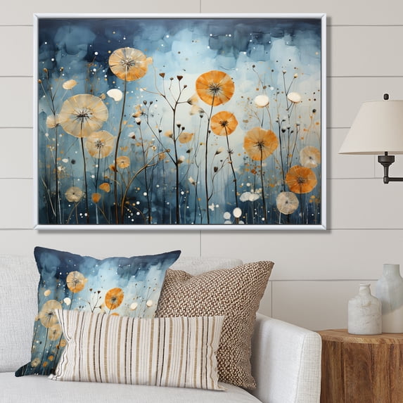 Designart "Blue Dandelion Floral Euphony VI" Floral Floater Framed Wall Art Living Room