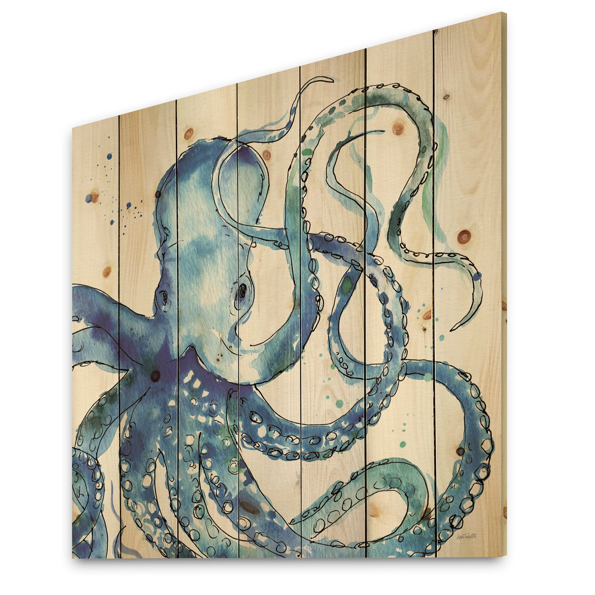 Blue Octopus Coastal Print on Natural Pine Wood Art, 16" x 16"