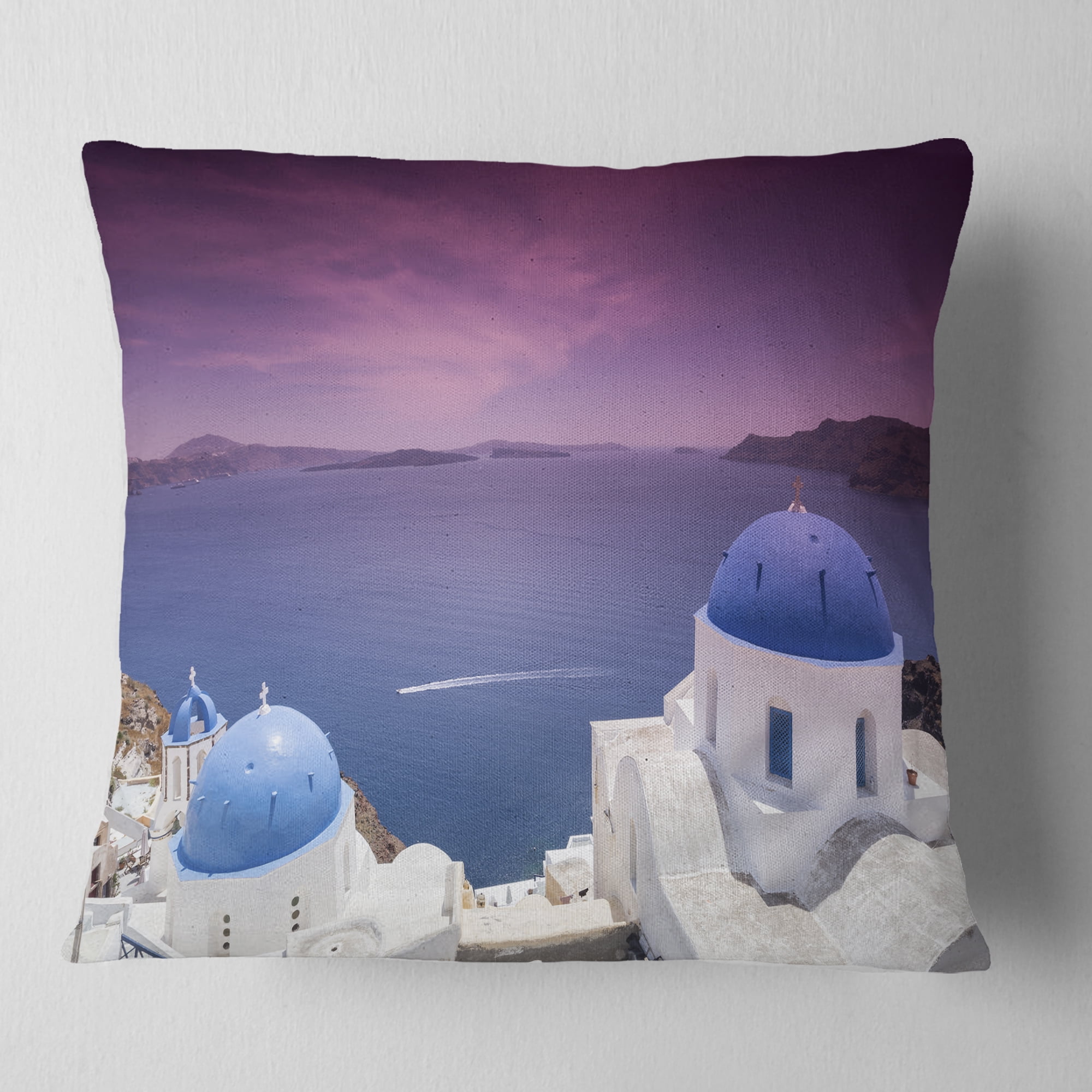 Designart Blue Domed Churches on Caldera - Landscape Printed Throw Pillow - 18x18