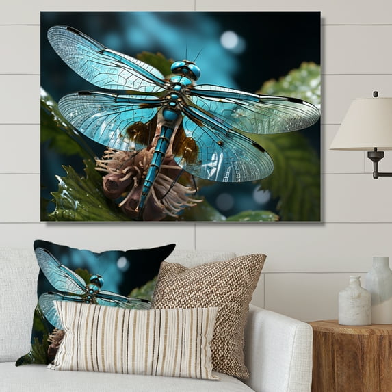 Designart "Blue Dragonfly Airborne Jewel" Animals Wall Art Living Room