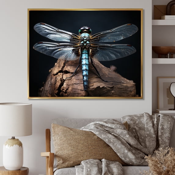 Designart "Blue Dragonfly Portrait I" Animals Floater Framed Wall Decor