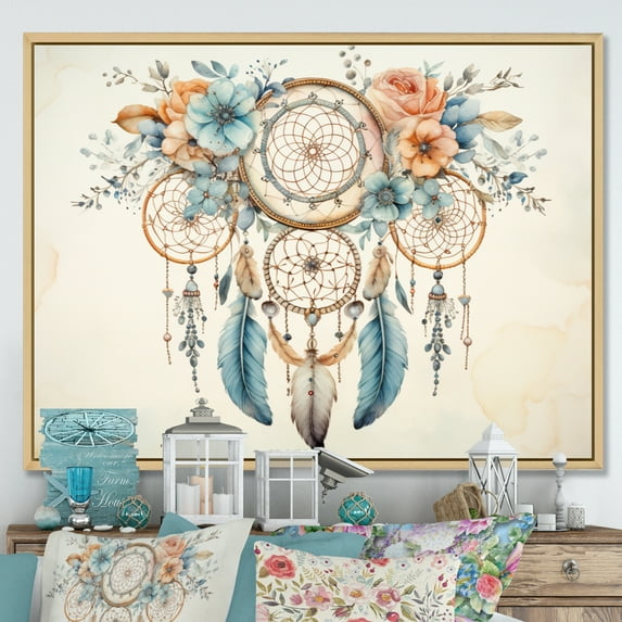 Designart "Blue Dreamcatcher Vintage Whispers" Spiritual Floater Framed Wall Decor