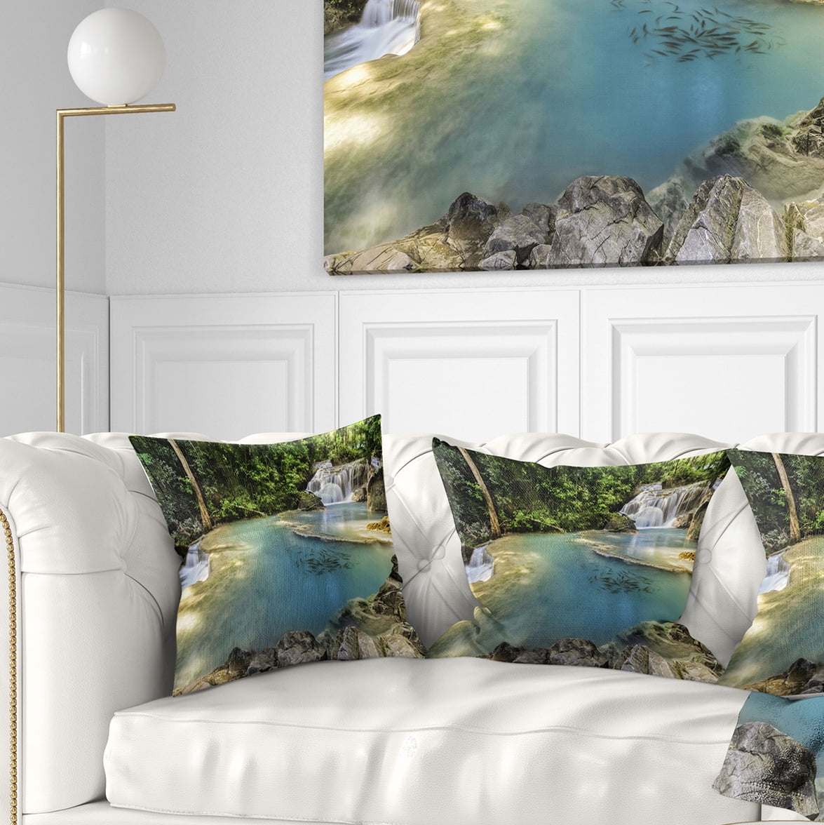 Designart Blue Erawan Waterfall - Landscape Photography Throw Pillow - 18x18