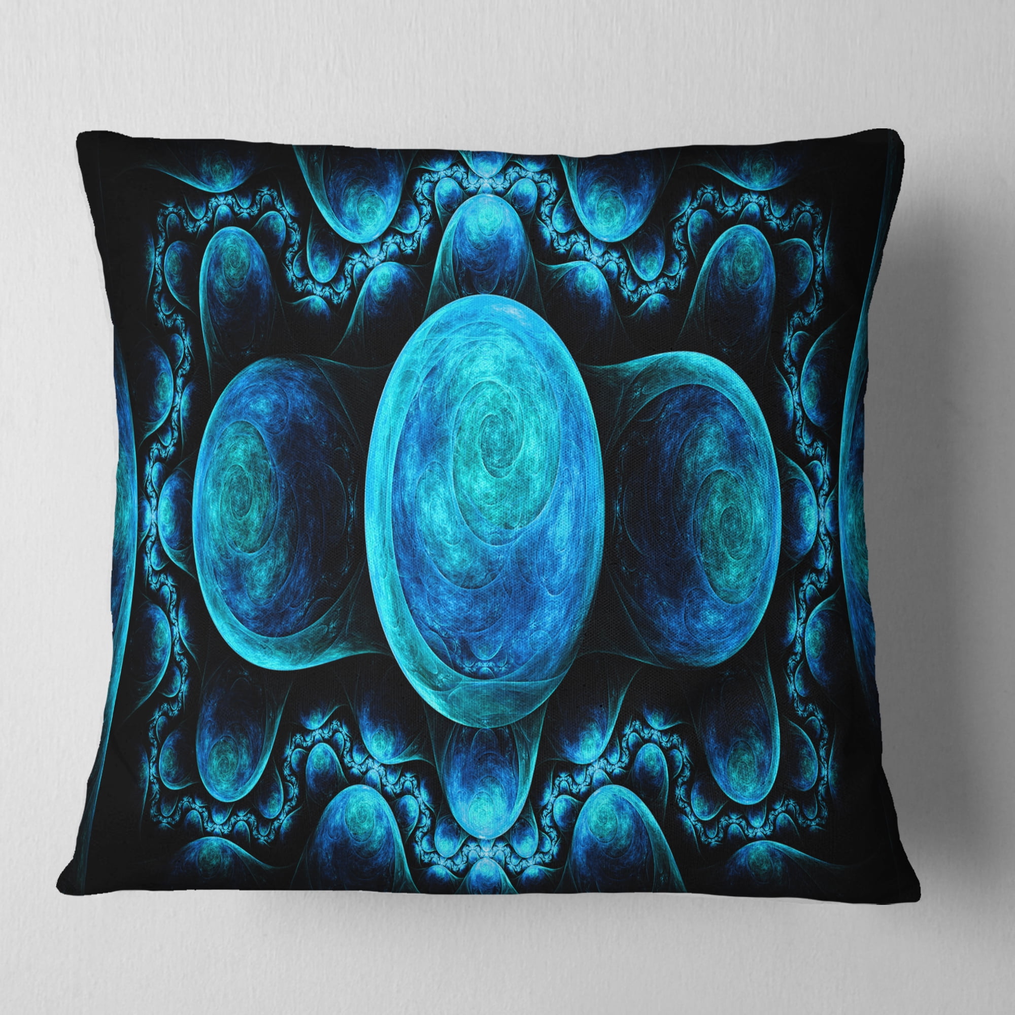 Designart Blue Exotic Pattern on Black - Abstract Throw Pillow - 18x18