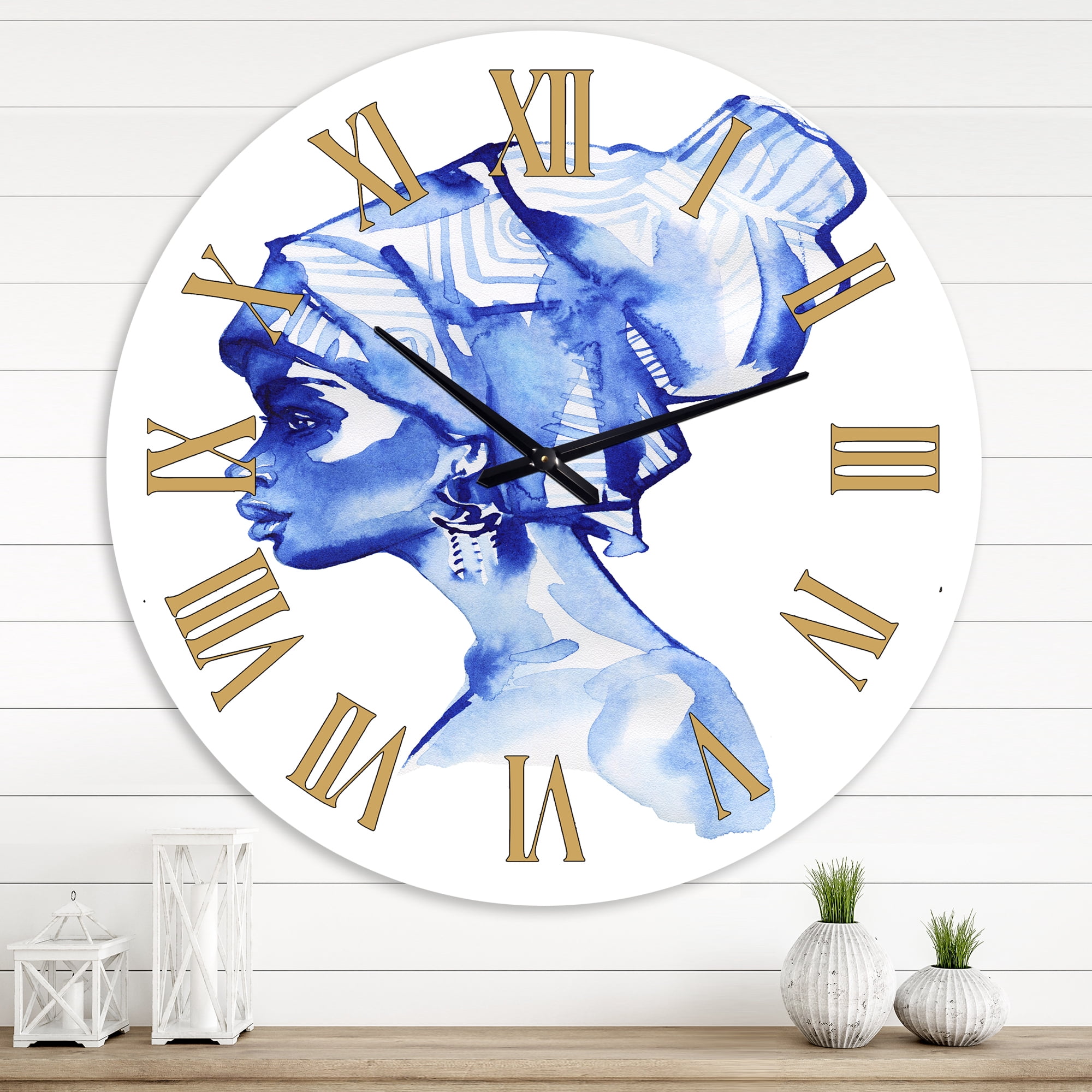 Designart 'Blue Fashion Portrait Of Afro American Woman' Modern Wall Clock