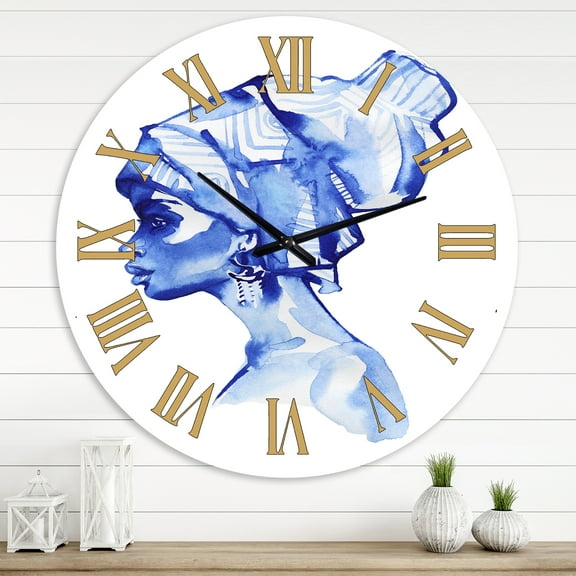 Designart 'Blue Fashion Portrait Of Afro American Woman' Modern Wall Clock