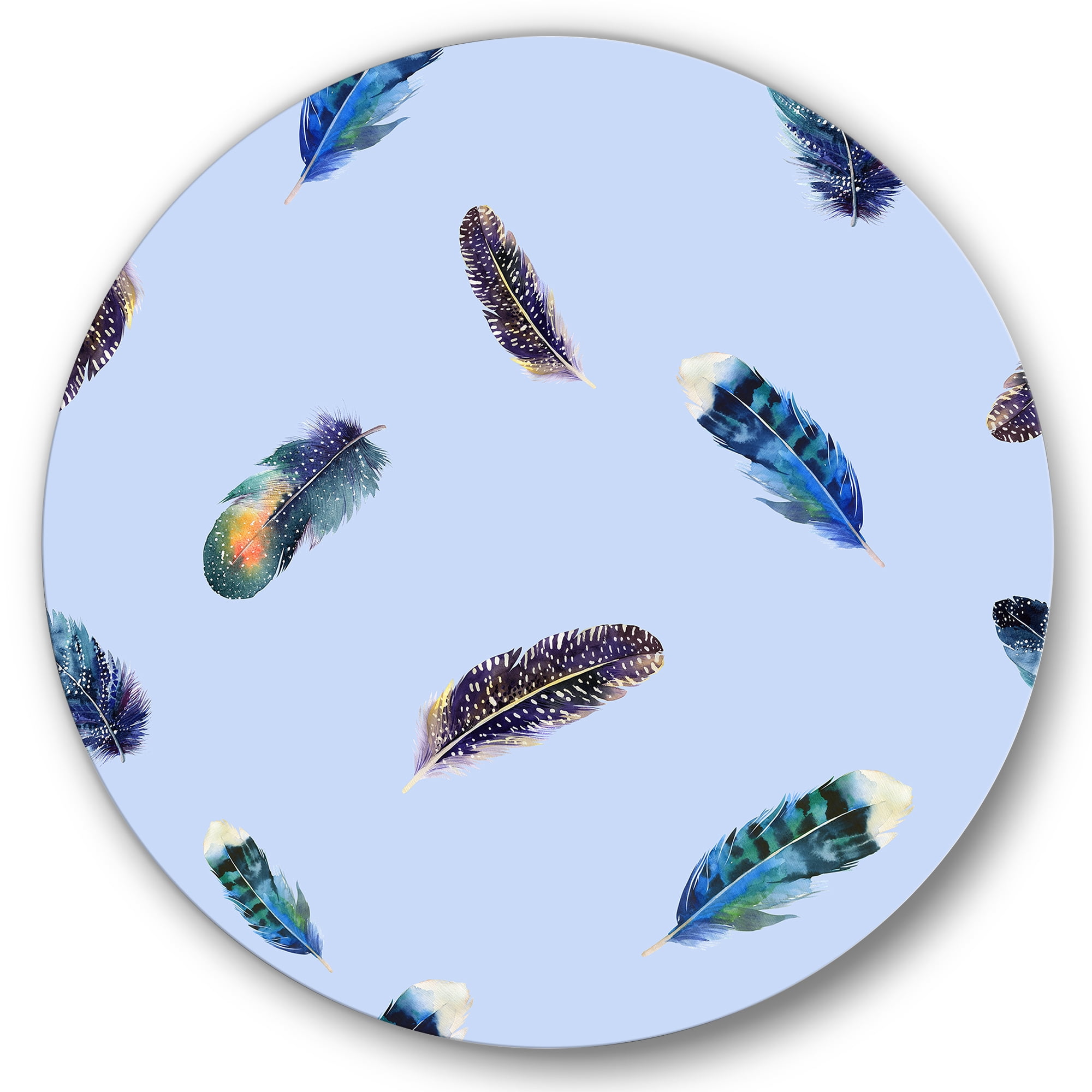 Designart 'Blue Feathers Boho Ethnic ' Bohemian & Eclectic Circle Metal Wall Art 29x29 - Disc of 29