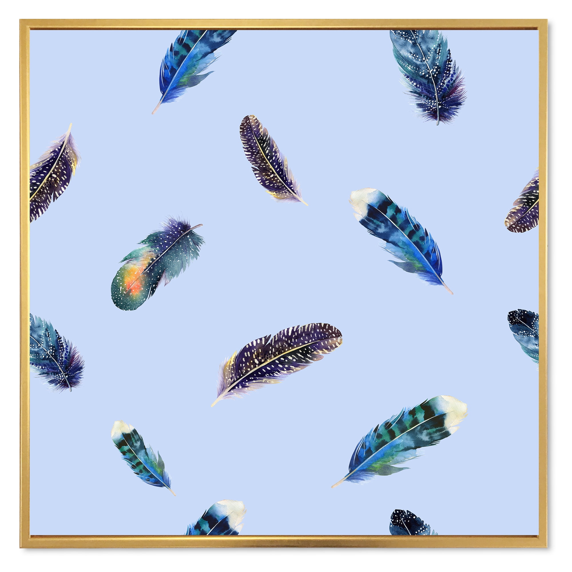 Designart 'Blue Feathers Boho Ethnic ' Bohemian & Eclectic Framed Canvas Wall Art Print
