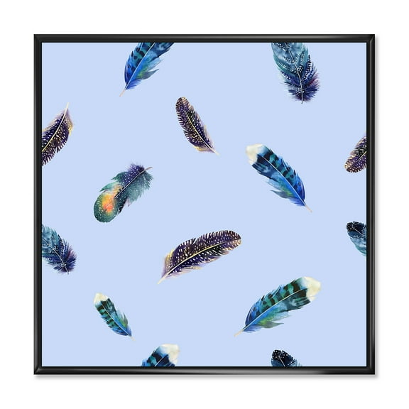 Designart 'Blue Feathers Boho Ethnic ' Bohemian & Eclectic Framed Canvas Wall Art Print