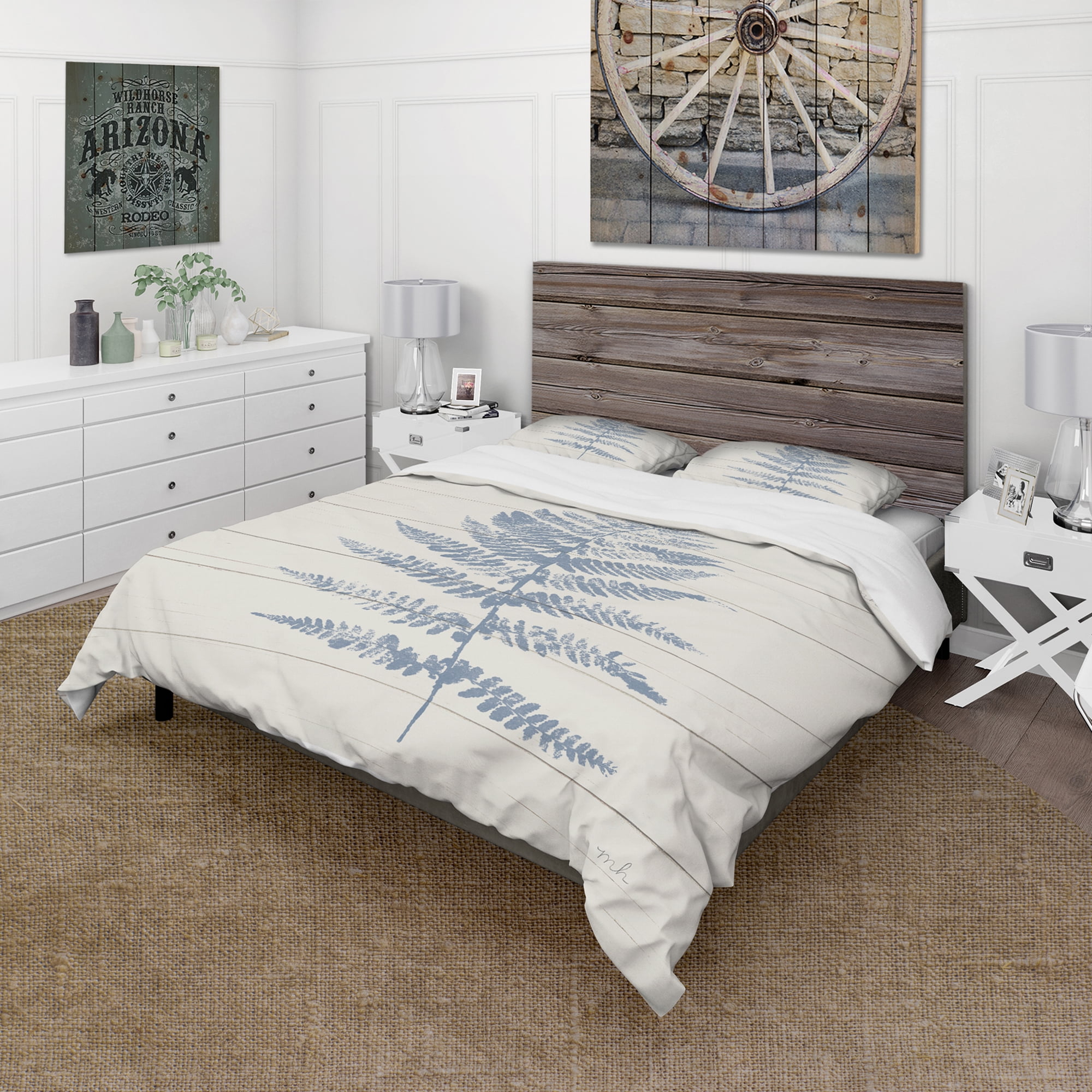 Designart 'Blue Fern Print on wood II' Cottage Duvet Cover Set