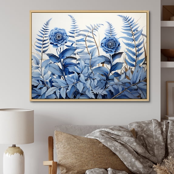 Designart "Blue Ferns Cobalt Charm I" Floral Floater Framed Wall Decor