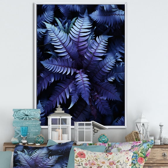 Designart "Blue Ferns Indigo Calm II" Floral & Botanical Floater Framed Wall Decor