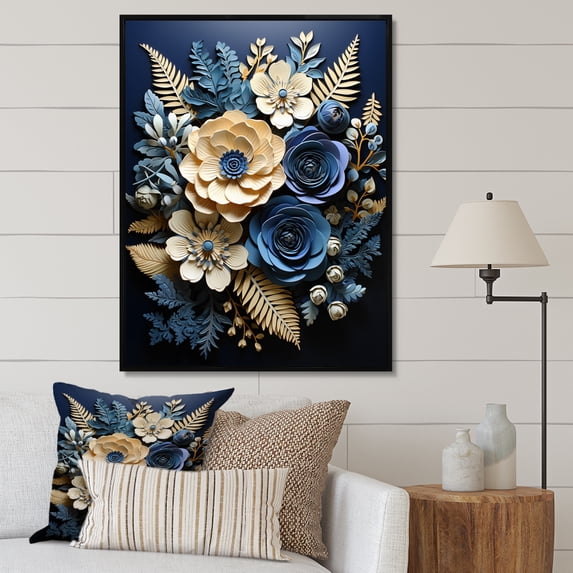 Designart "Blue Ferns Indigo Calm Papercut II" Floral & Botanical Floater Framed Canvas Art Print