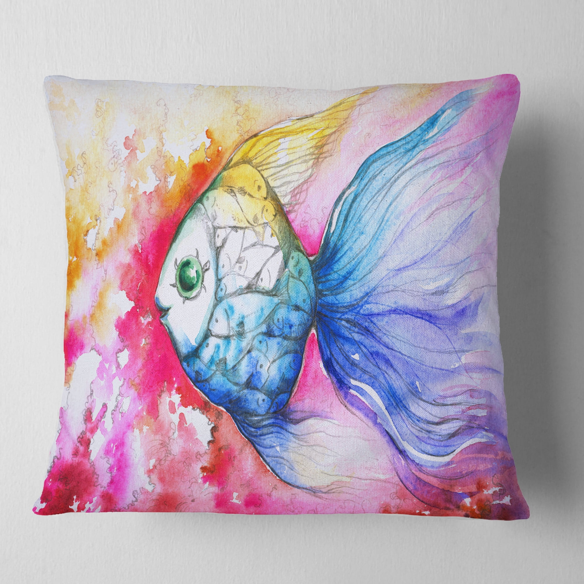 Designart Blue Fish on Red Background - Animal Throw Pillow - 16x16