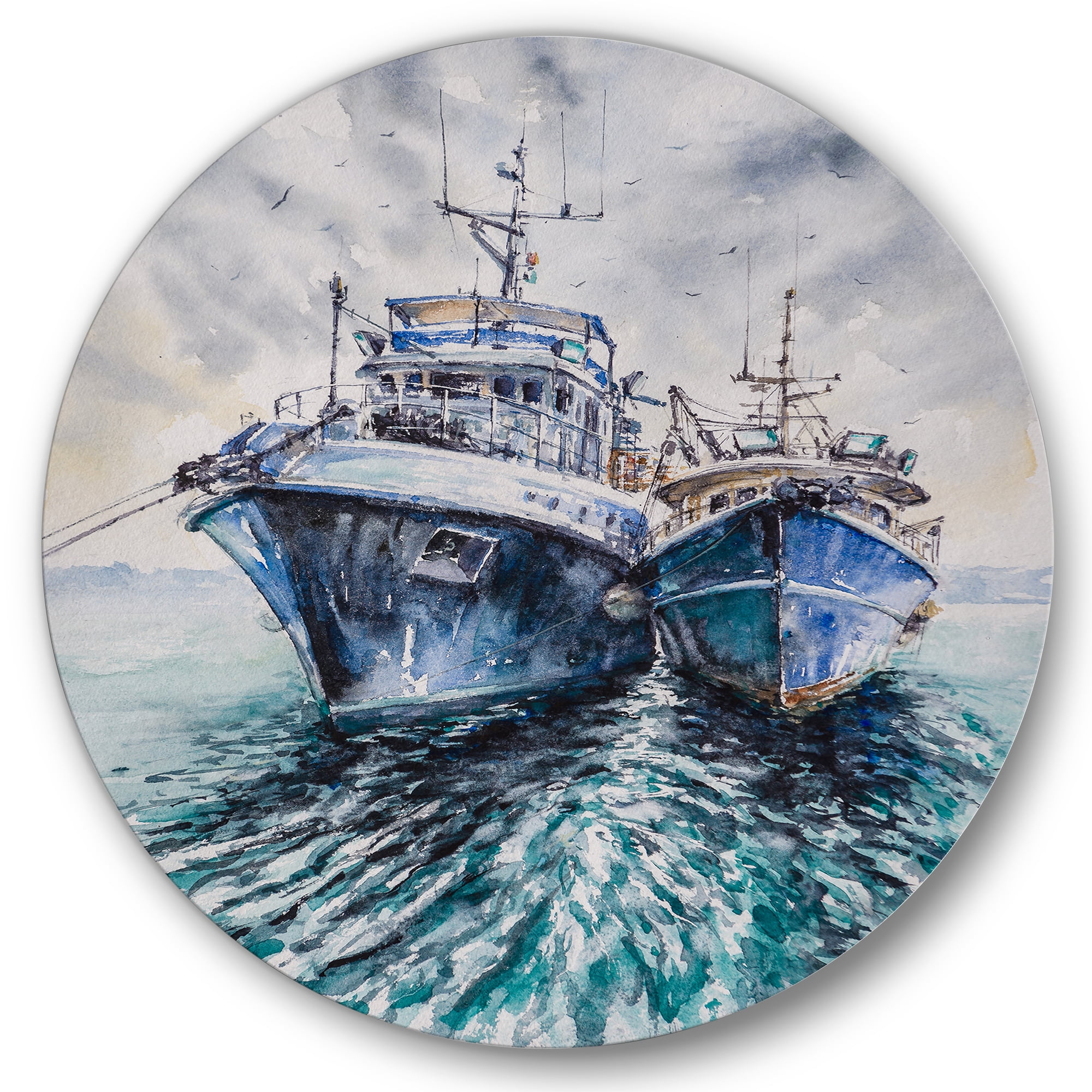 Designart 'Blue Fishing Boats Before A Storm Anchored' Nautical & Coastal Circle Metal Wall Art 29x29 - Disc of 29