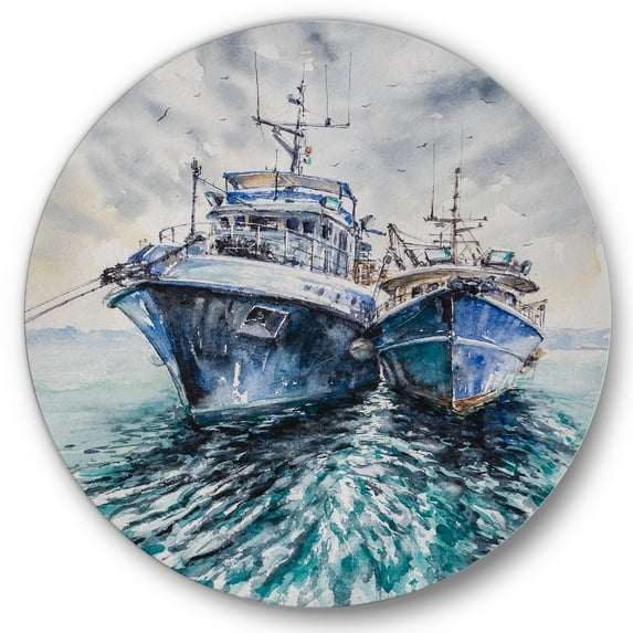 Designart 'Blue Fishing Boats Before A Storm Anchored' Nautical & Coastal Circle Metal Wall Art 36x36 - Disc of 36