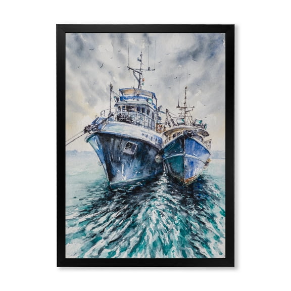 Designart 'Blue Fishing Boats Before A Storm Anchored' Nautical & Coastal Framed Art Print