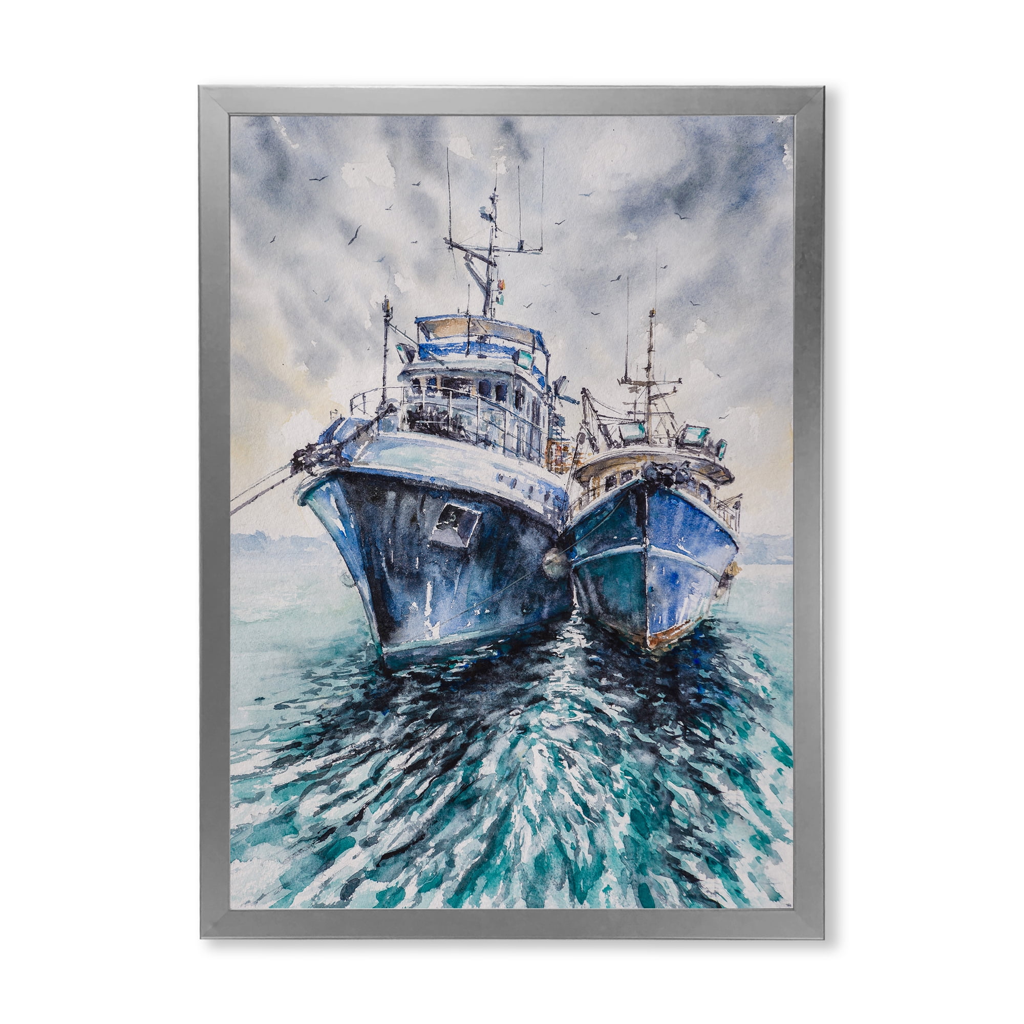 Designart 'Blue Fishing Boats Before A Storm Anchored' Nautical & Coastal Framed Art Print