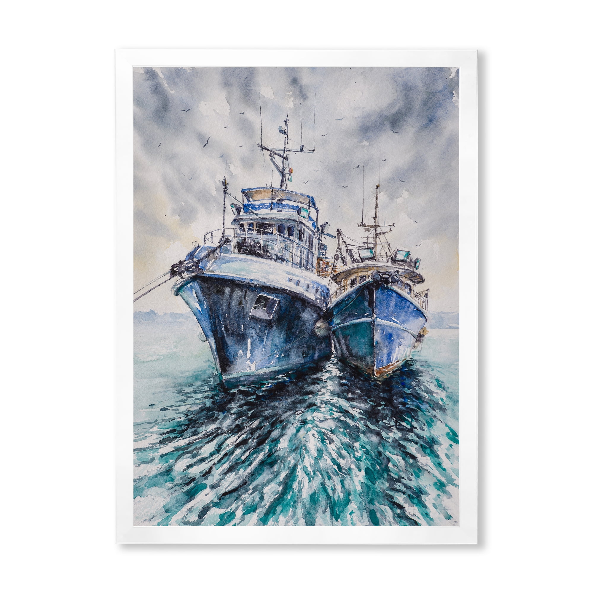 Designart 'Blue Fishing Boats Before A Storm Anchored' Nautical & Coastal Framed Art Print