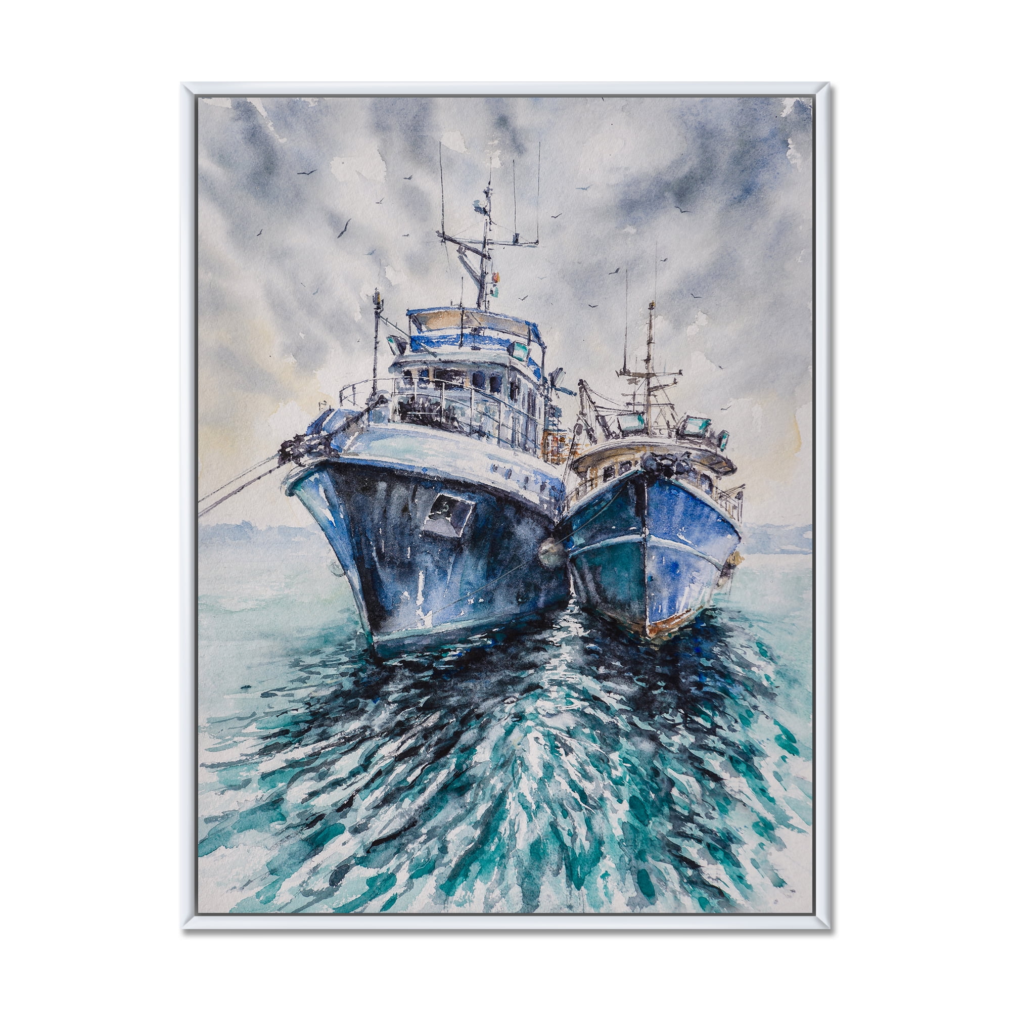 Designart 'Blue Fishing Boats Before A Storm Anchored' Nautical & Coastal Framed Canvas Wall Art Print