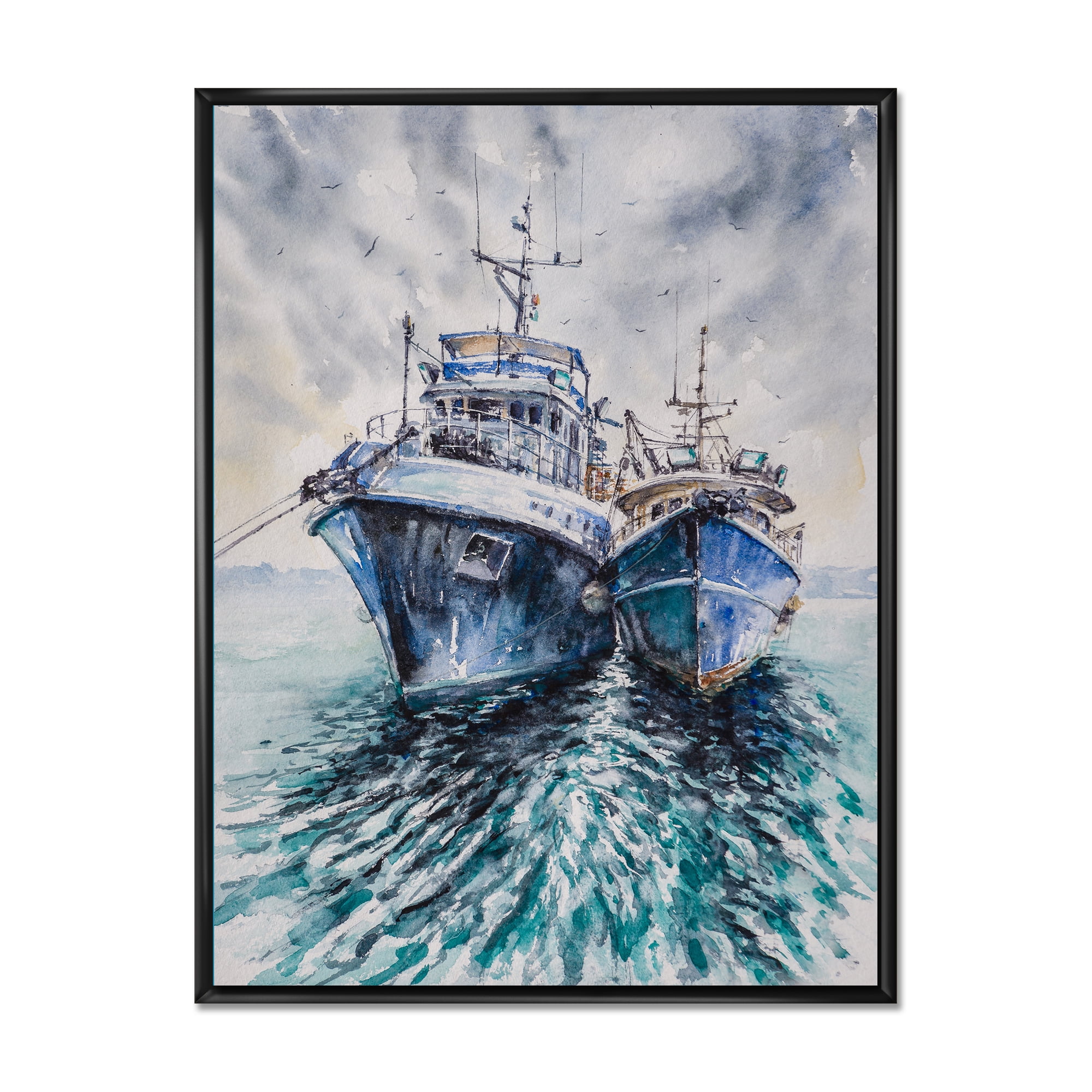 Designart 'Blue Fishing Boats Before A Storm Anchored' Nautical & Coastal Framed Canvas Wall Art Print
