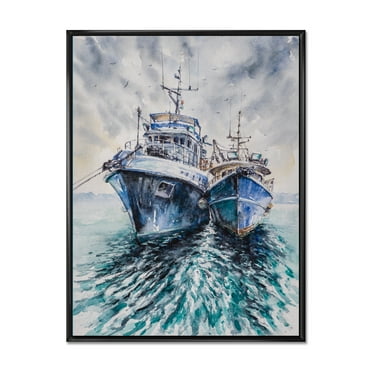 Designart 'Blue Fishing Boats Before A Storm Anchored' Nautical & Coastal Framed Canvas Wall Art Print