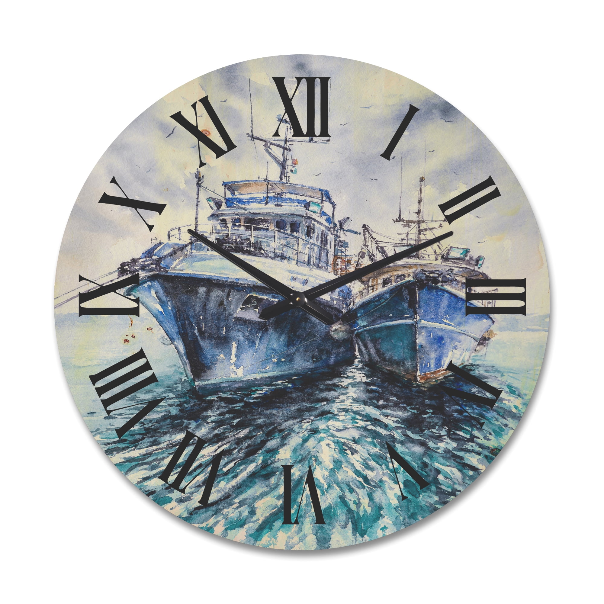 Designart 'Blue Fishing Boats Before A Storm Anchored' Nautical & Coastal Wood Wall Clock
