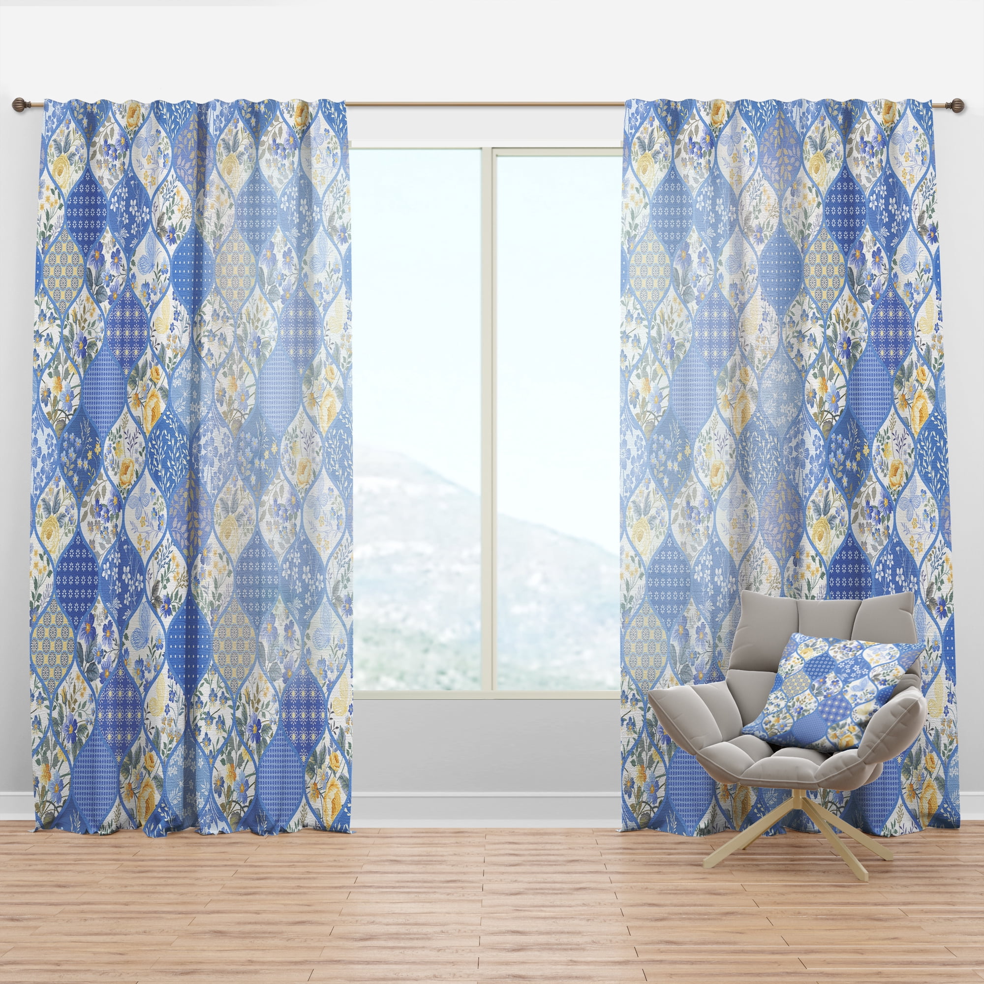 Designart 'Blue Floral Dew' Modern Curtain Panel