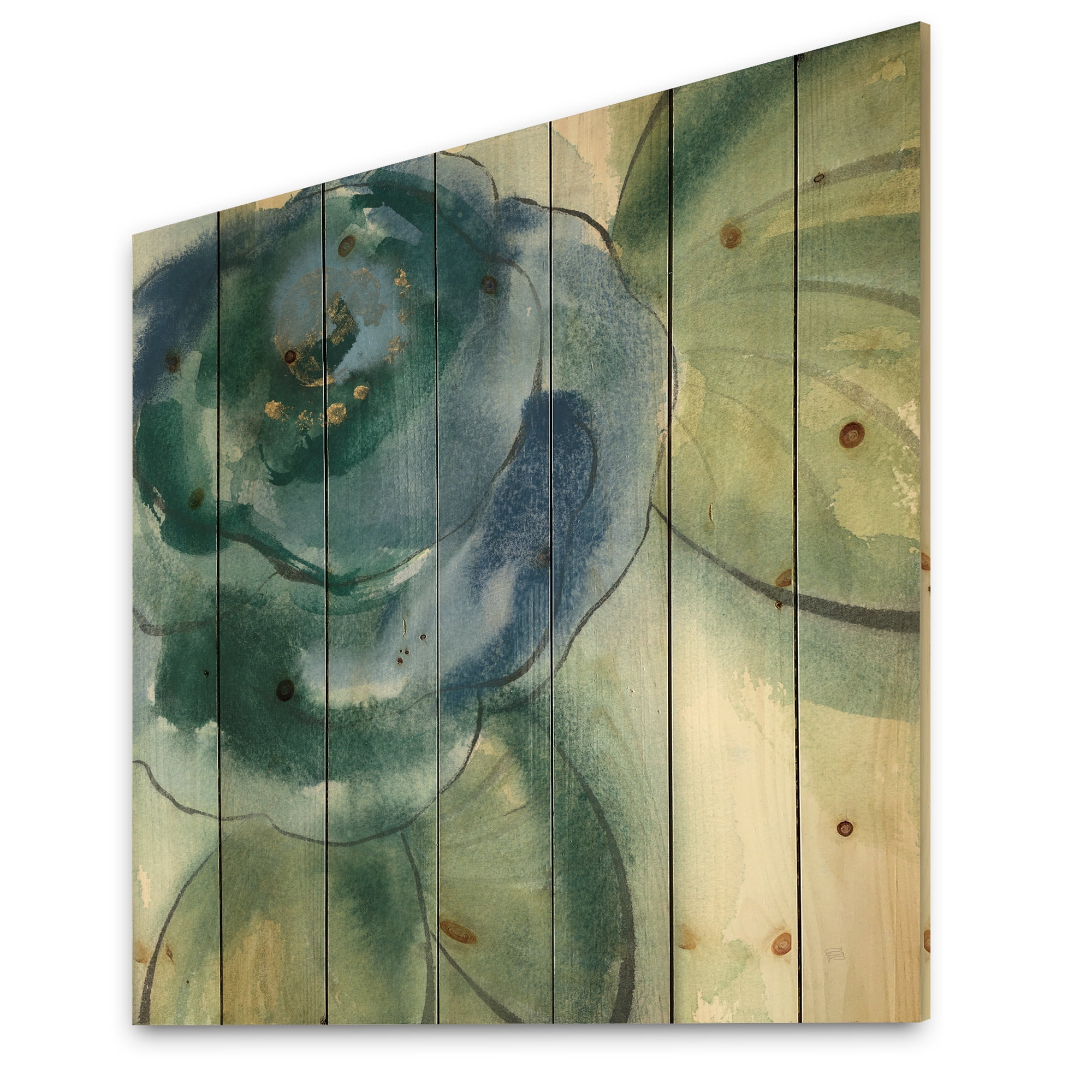 Designart 'Blue Floral Poppies II' Cottage Print on Natural Pine Wood
