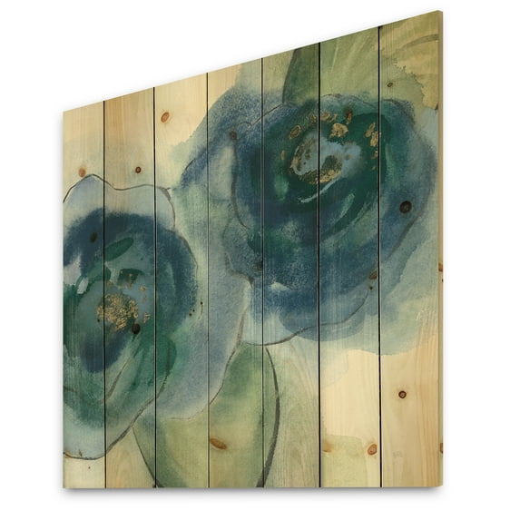 Designart 'Blue Floral Poppies III' Cottage Print on Natural Pine Wood