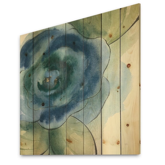 Designart 'Blue Floral Poppies IV' Cottage Print on Natural Pine Wood