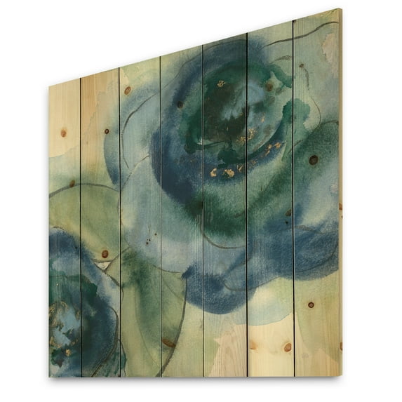 Designart 'Blue Floral Poppies V' Cottage Print on Natural Pine Wood